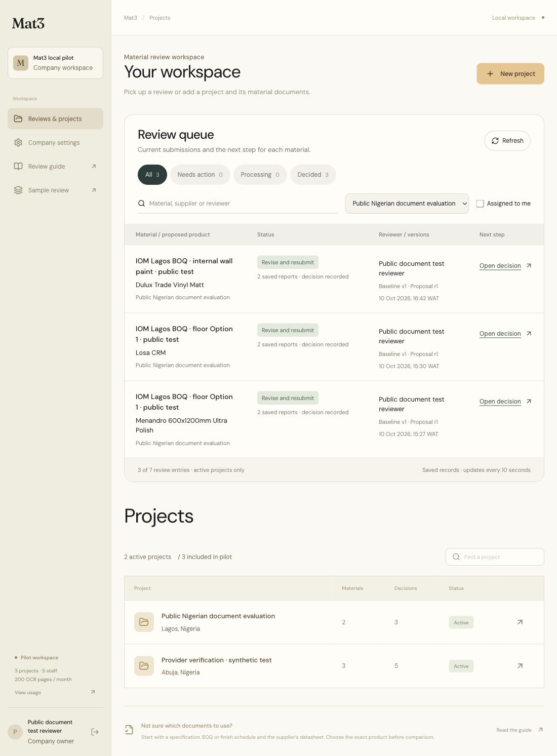 The actual Mat3 workspace showing the three completed public-document reviews, project filters and saved decisions